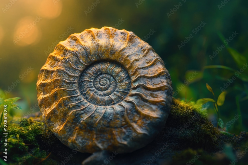 Ancient ammonite fossil rests on mossy ground, bathed in golden sunlight. Ancient ammonite fossil rests on mossy ground, bathed in golden sunlight.