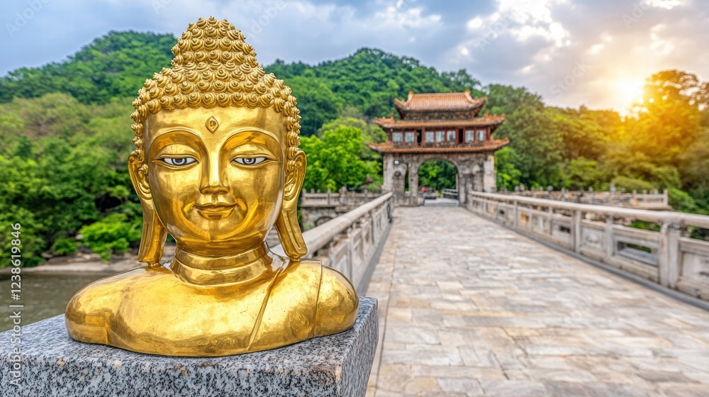 Golden Buddha Statue on Stone Bridge with Scenic Nature Background Golden Buddha Statue on Stone Bridge with Scenic Nature Background