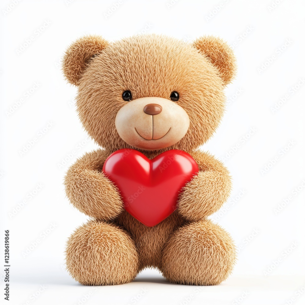 Fototapeta premium Cuddly teddy bear holding a red heart, isolated on white background