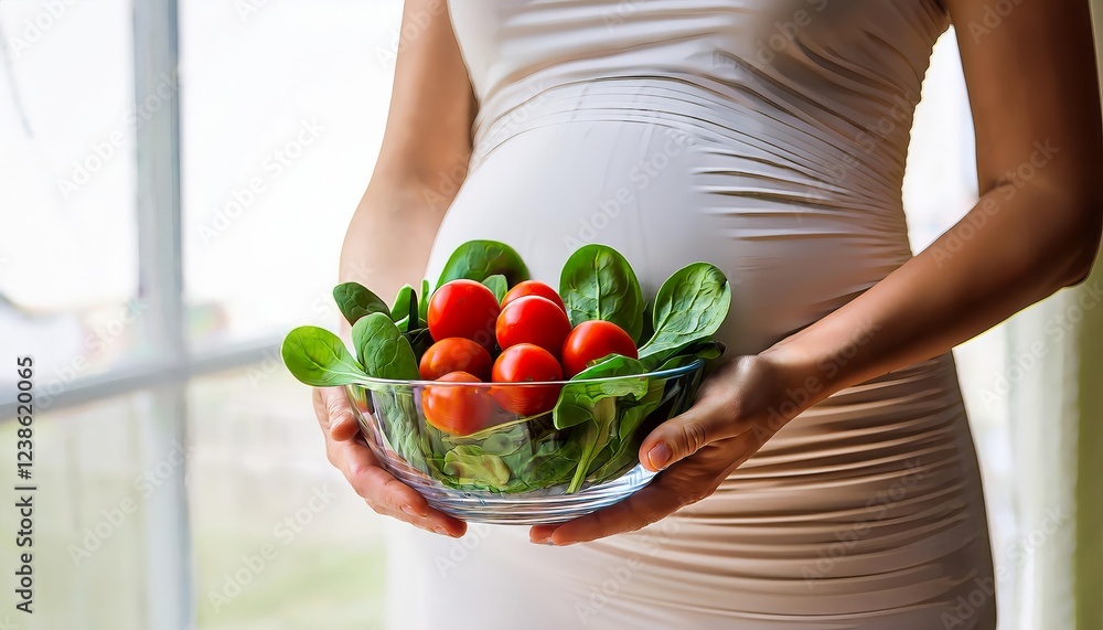 Healthy pregnancy. Pregnant woman holding a bowl of fresh vegetables Healthy pregnancy. Pregnant woman holding a bowl of fresh vegetables
