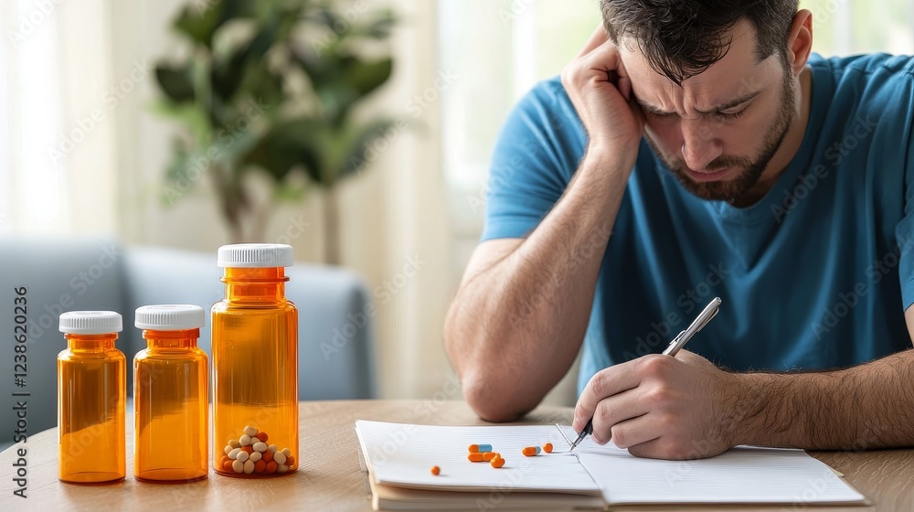 Young Man Writing in Notebook with Prescription Bottles Nearby Young Man Writing in Notebook with Prescription Bottles Nearby