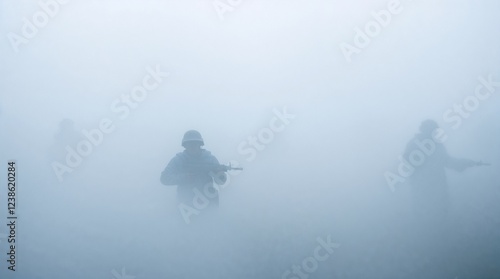Soldiers walking through a dense fog