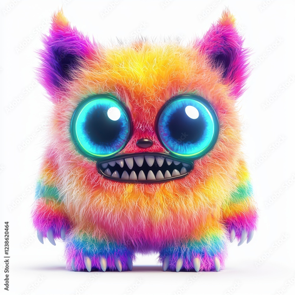 Fototapeta premium Cute Furry Monster with a Neon Rainbow Pattern, Big Glowing Eyes, and a Mischievous Smile, Soft Fluffy Texture, Isolated on White Background