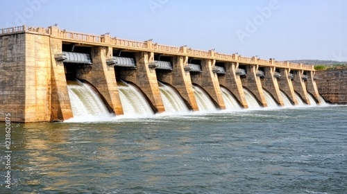Large Concrete Dam with Flowing Water and Blue Sky Background