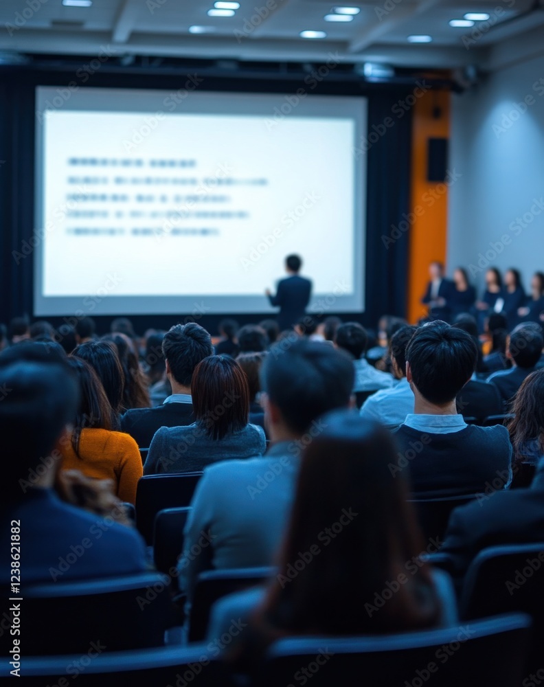 Corporate presentation with speaker at business conference audience in auditorium blurred foreground digital art style Corporate presentation with speaker at business conference audience in auditorium blurred foreground digital art style