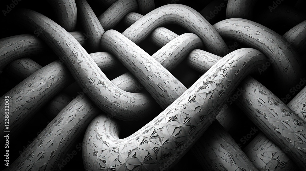 Interwoven white ropes texture, dark background, usable for backgrounds or web