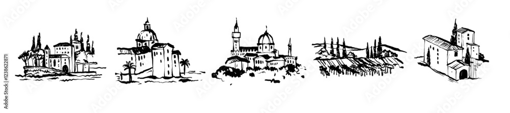 Italian landscape set, vector hand drawn doodle Tuscany nature view, old winery countryside print. Vintage European architecture graphic, cypress hill travel label. Italian landscape sketch collection Italian landscape set, vector hand drawn doodle Tuscany nature view, old winery countryside print. Vintage European architecture graphic, cypress hill travel label. Italian landscape sketch collection