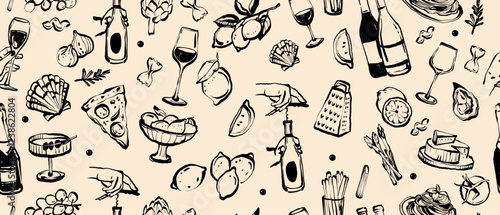 Italian food seamless pattern, vector doodle hand drawn wine background, Amalfi lemon print, pizza. Traditional sketch eatery texture, cafe scribble wallpaper, picnic drinks design. Italian pattern