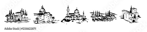 Italian landscape set, vector hand drawn doodle Tuscany nature view, old winery countryside print. Vintage European architecture graphic, cypress hill travel label. Italian landscape sketch collection