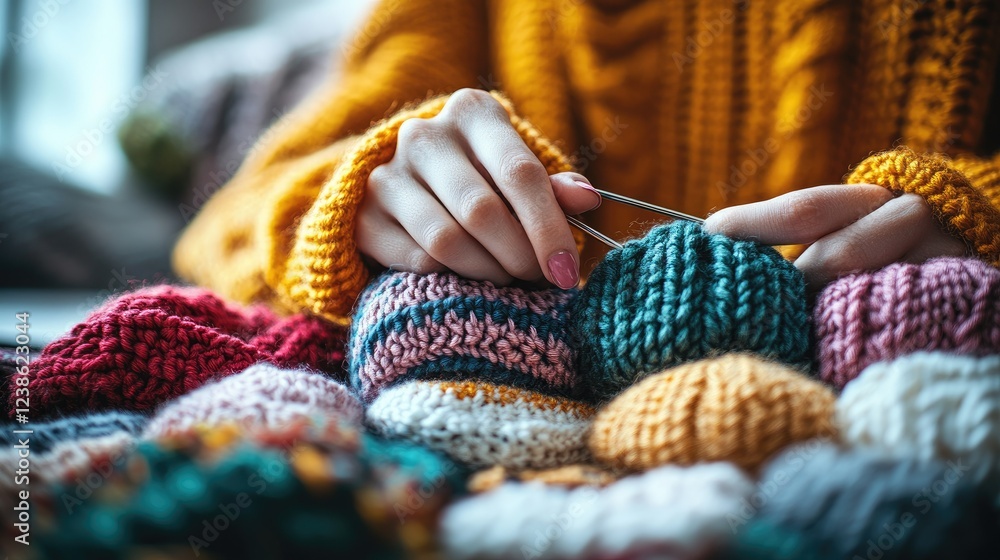 Fototapeta premium Woman in Yellow Sweater Knitting Colorful Yarn Balls
