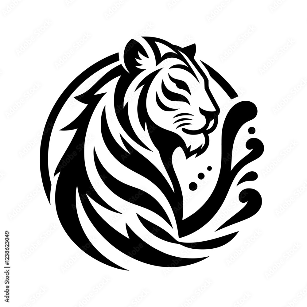 Obraz premium Majestic Tiger in Circular Design: Elegant Black and White Wildlife Logo Graphic