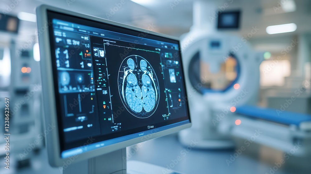 CT scan interface displayed on a monitor screen. Medical imaging display in a hospital setting with MRI scanner in background. CT scan interface displayed on a monitor screen. Medical imaging display in a hospital setting with MRI scanner in background.