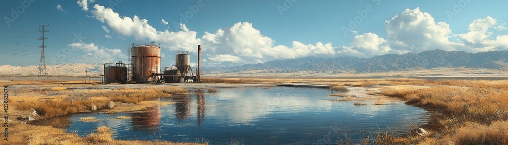 Industrial Landscape with Oil Tanks and Reflective Pond in Vast Open Field Under Blue Sky and Clouds Industrial Landscape with Oil Tanks and Reflective Pond in Vast Open Field Under Blue Sky and Clouds