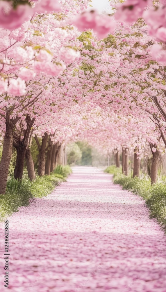 Naklejka premium Serene scene of cherry blossom trees in full bloom along a petal laden pathway in nature