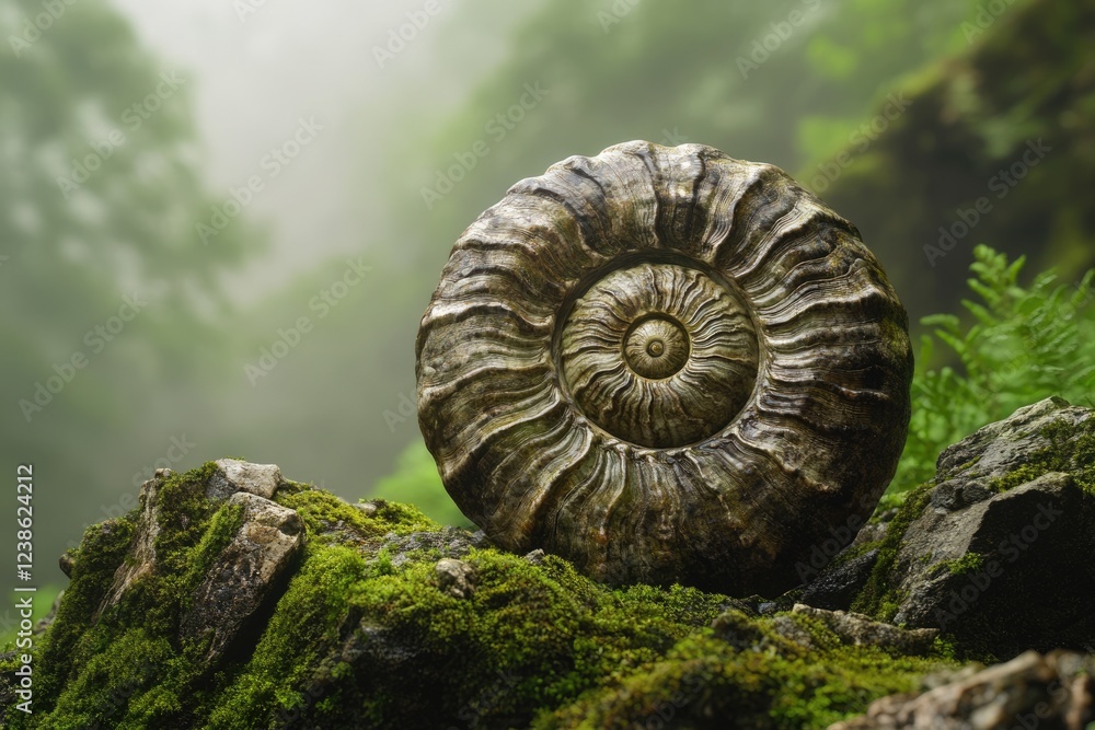 Ancient ammonite fossil rests on mossy rocks in a misty forest, showcasing intricate spiral details. Ancient ammonite fossil rests on mossy rocks in a misty forest, showcasing intricate spiral details.