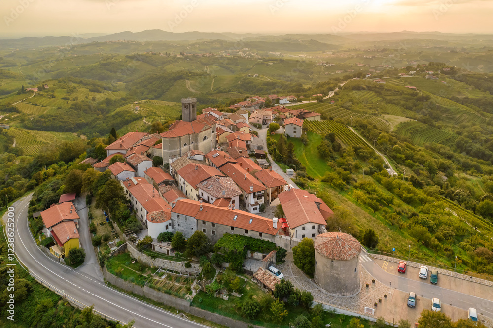 Smartno townscape and vineyards in Goriska Brda countryside region of Slovenia