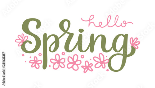 Hello Spring hand lettering phrase with pink doodle flowers. Template with vector calligraphy phrase for sticker, print, web banner or social media. Isolated seasonal typography design.