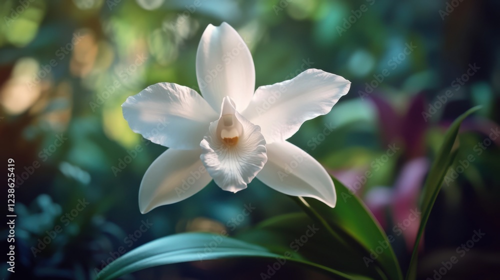 Obraz premium Close-up of a white orchid blooming in a serene tropical garden setting