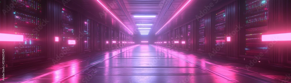 Fototapeta premium Futuristic Neon-Lit Data Center Corridor with Endless Rows of Servers and Reflective Floor