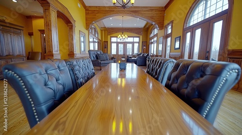 Elegant conference room with wooden decor and leather seating