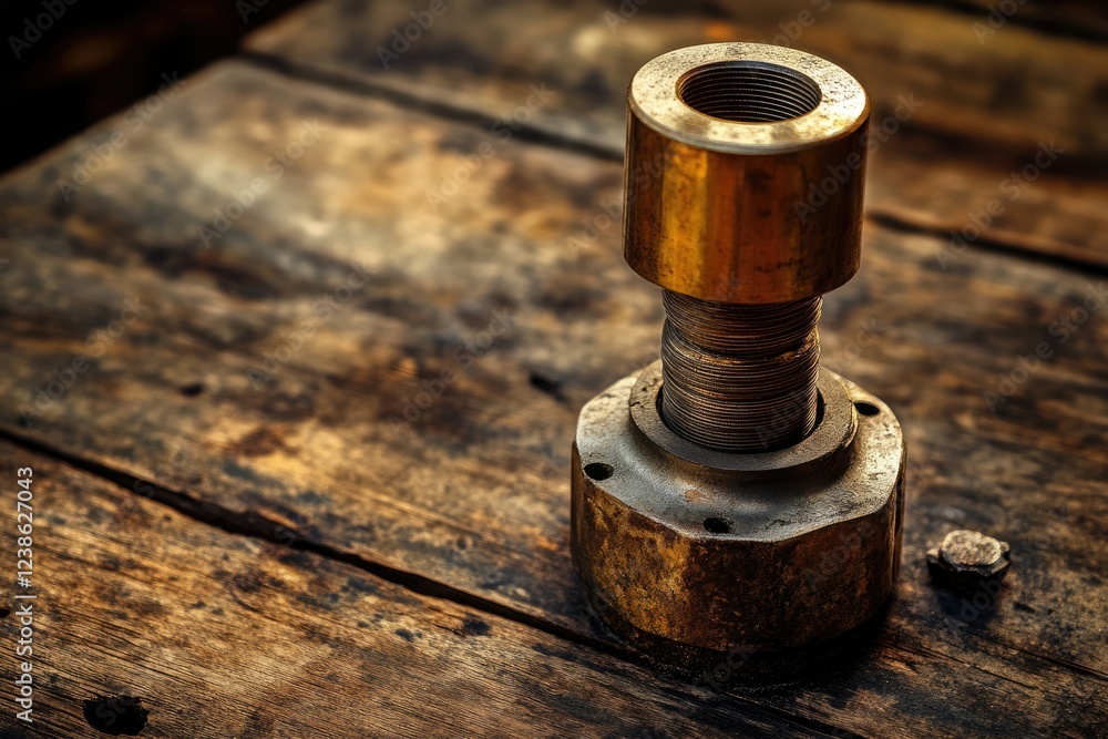Rustic industrial metal object with a threaded shaft, resting on aged wood. Rustic industrial metal object with a threaded shaft, resting on aged wood.