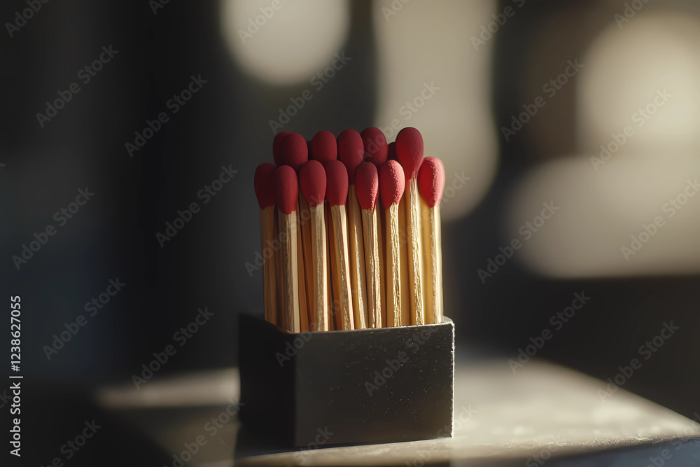 Matches arranged in a black box create a striking contrast against soft light in a cozy setting Matches arranged in a black box create a striking contrast against soft light in a cozy setting