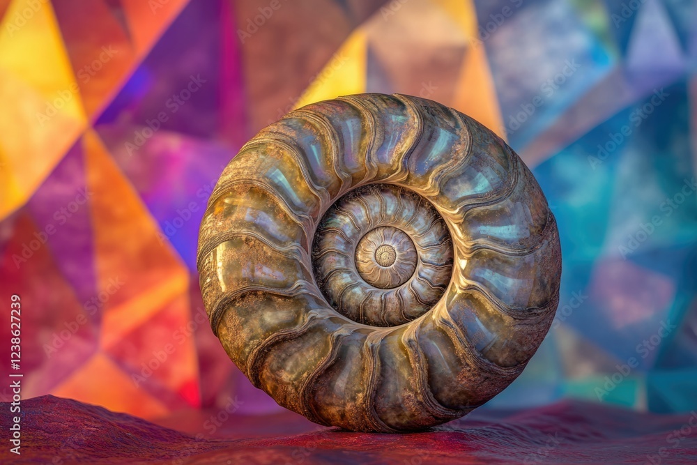 A mesmerizing ammonite fossil showcases its intricate spiral structure against a vibrant, geometric backdrop.