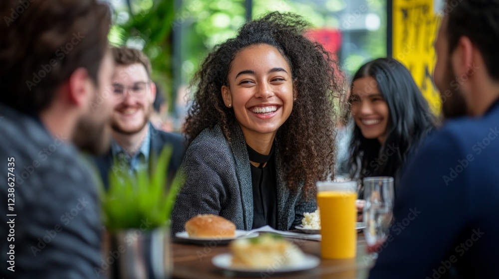 A group of friends gathers at a cafe, sharing laughter and delicious food. Natural light enhances the joyful atmosphere as they bond over their meal together A group of friends gathers at a cafe, sharing laughter and delicious food. Natural light enhances the joyful atmosphere as they bond over their meal together