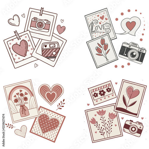 Love and Valentine's day halftone art collage cut outs set vector illustration.