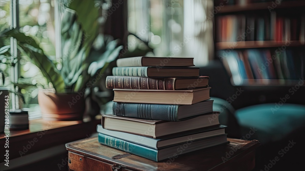 Stack of books on wooden table in cozy library setting with plants Stack of books on wooden table in cozy library setting with plants