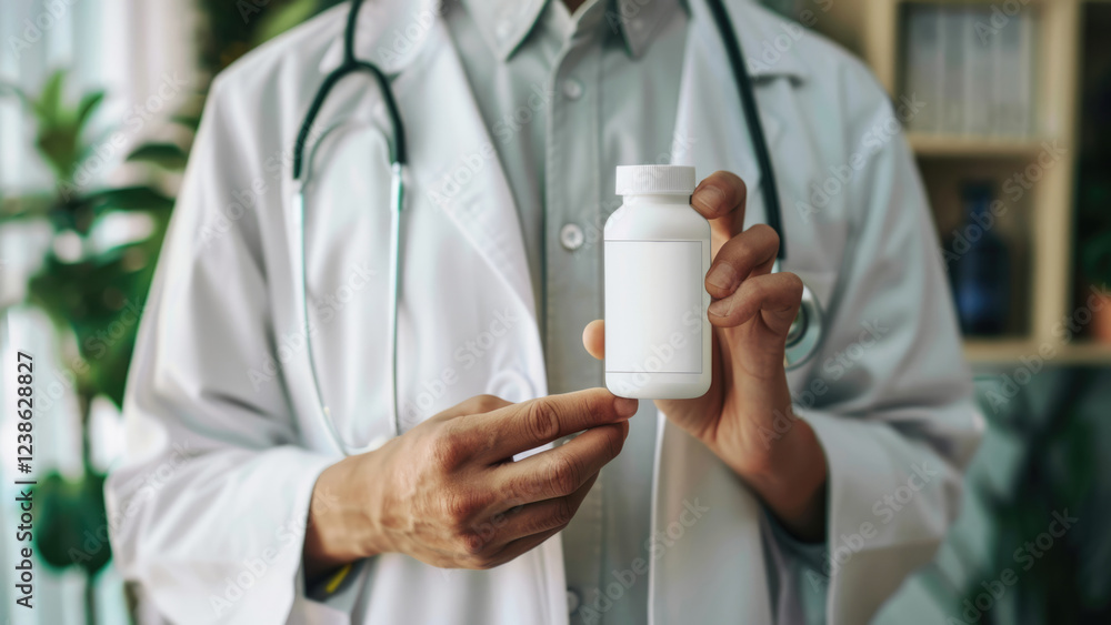 Doctor Holding a White Medicine Bottle Doctor Holding a White Medicine Bottle