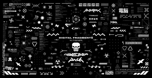 Futuristic HUD interface, big set in cyberpunk style, data panels, glitch effects, HUD, UI, UX, high-tech graphic elements. Vector set for interface design. Translation from Japanese - cybernetics
