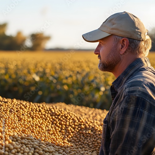 Smiling elderly farmer wearing a hat standing in a green field outdoors photo