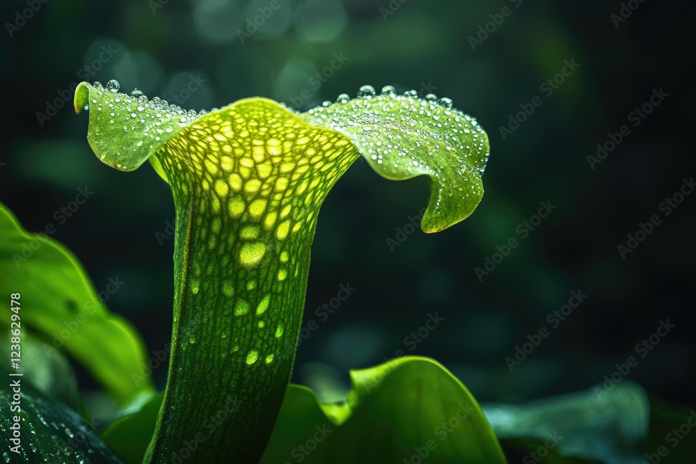 Fototapeta premium A vibrant green pitcher plant glistening with morning dew, showcasing its intricate texture and unique form.