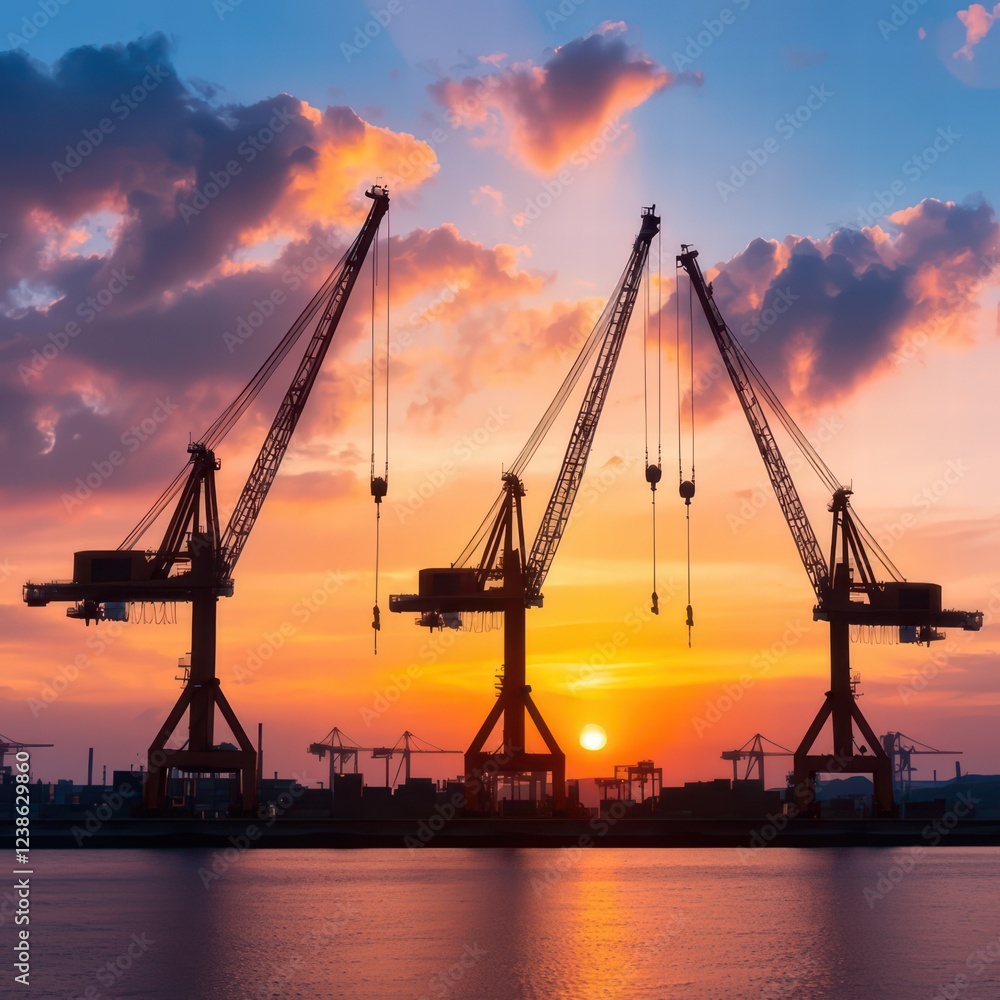 Silhouetted cranes against a vibrant sunset, reflecting on water, showcasing industrial beauty and the transition from day to night. Silhouetted cranes against a vibrant sunset, reflecting on water, showcasing industrial beauty and the transition from day to night.