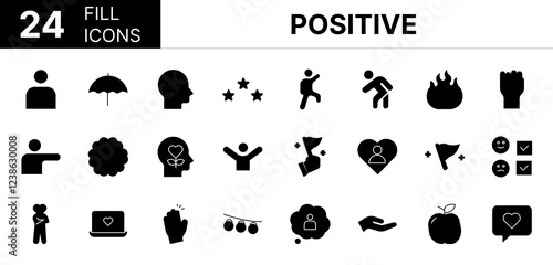 Collection of 24 positive fill icons featuring editable strokes. These outline icons depict various modes of positive, thinking, psychology, icon, emotion, thought, attitude, health, brain, mental, ve