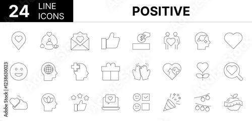 Collection of 24 positive line icons featuring editable strokes. These outline icons depict various modes of positive, thinking, psychology, icon, emotion, thought, attitude, health, brain, mental, ve