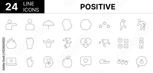 Collection of 24 positive line icons featuring editable strokes. These outline icons depict various modes of positive, thinking, psychology, icon, emotion, thought, attitude, health, brain, mental, ve