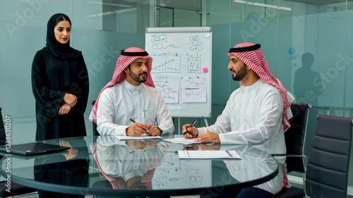 Arab Business Meeting and Discussion with Professionals in Traditional Attire, Collaborating on Strategies and Analyzing Charts in a Modern Office with Whiteboard in the Background
