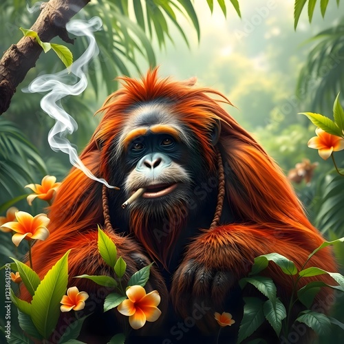 Rasta Orang Utan monkey ape As Animal smoking ganja weed in a lush jungle illustration. photo