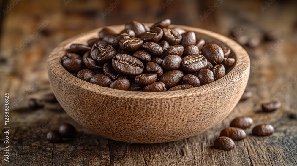 Fototapeta premium Freshly roasted coffee beans in a wooden bowl on a rustic wooden surface. Generative AI