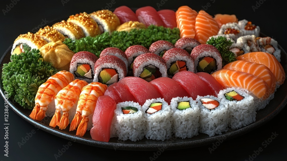 Delicious variety of sushi rolls displayed on a black platter during a cozy evening gathering. Generative AI Delicious variety of sushi rolls displayed on a black platter during a cozy evening gathering. Generative AI