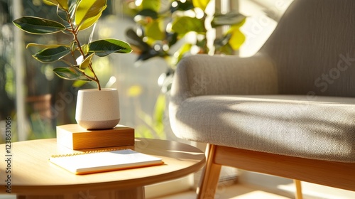 Cozy Living Room Scene with Plant and Sunlit Furniture Elements