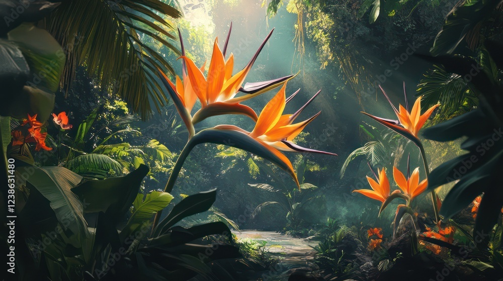 Fototapeta premium Bright orange strelitzia (bird-of-paradise) flowers against a tropical jungle backdrop