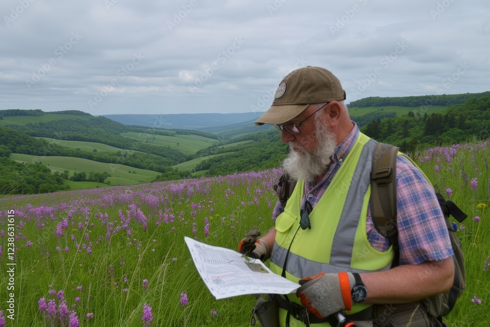 A man in a safety vest examines a map in a vibrant, flower-filled landscape, surrounded by rolling hills and cloudy skies. A man in a safety vest examines a map in a vibrant, flower-filled landscape, surrounded by rolling hills and cloudy skies.