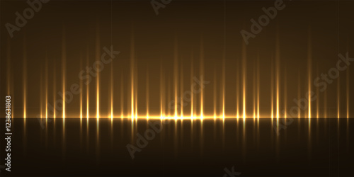 Golden silk fabric luxury background. Gold vertical draped satin cloth texture curtain on dark floor stage. Smooth shiny drape material curtain. Realistic modern vector banner.