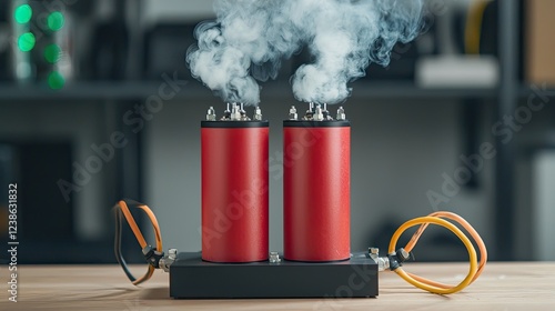 Two red capacitors emitting smoke, mounted on a base with wires, indicating potential malfunction or testing in an electronic setup. photo