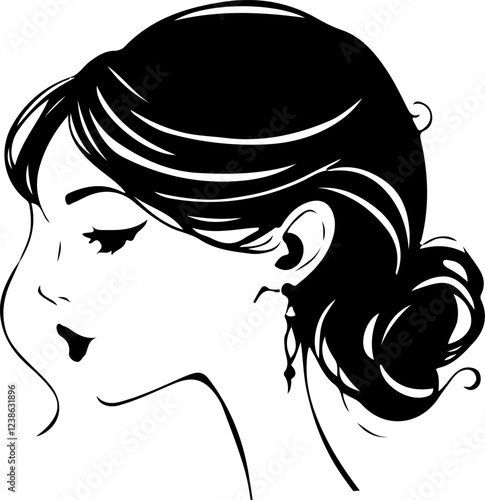 Illustration of a woman's profile with an elegant updo hairstyle and a decorative hair accessory