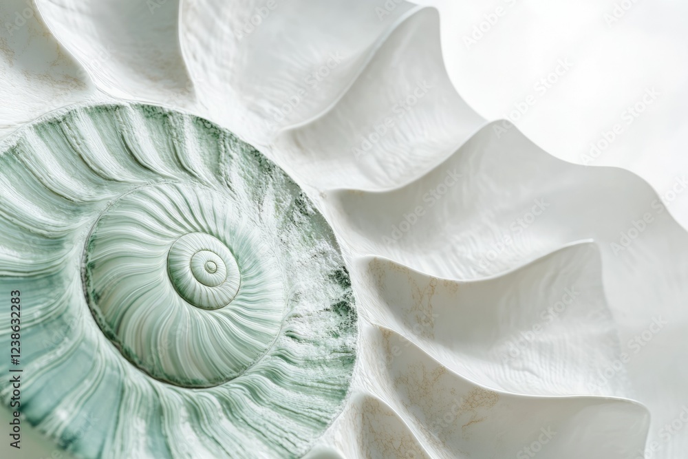 Obraz premium Close-up of a seashell with a spiral pattern, showcasing intricate textures and delicate color variations.