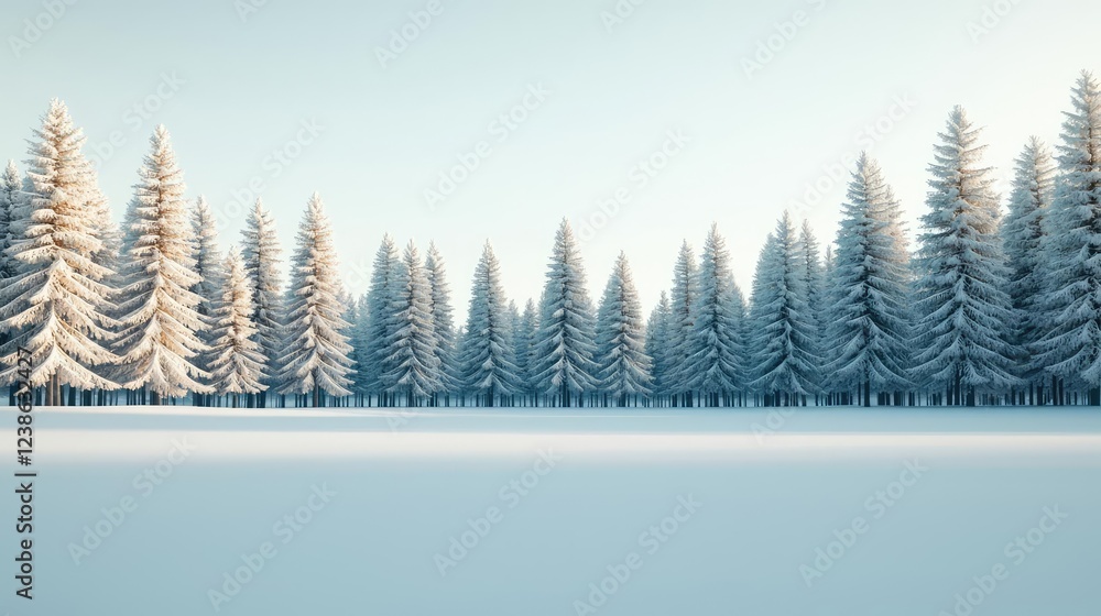 Fototapeta premium Snowy landscapes nature idea. A serene winter landscape featuring snow-covered trees under a clear blue sky.
